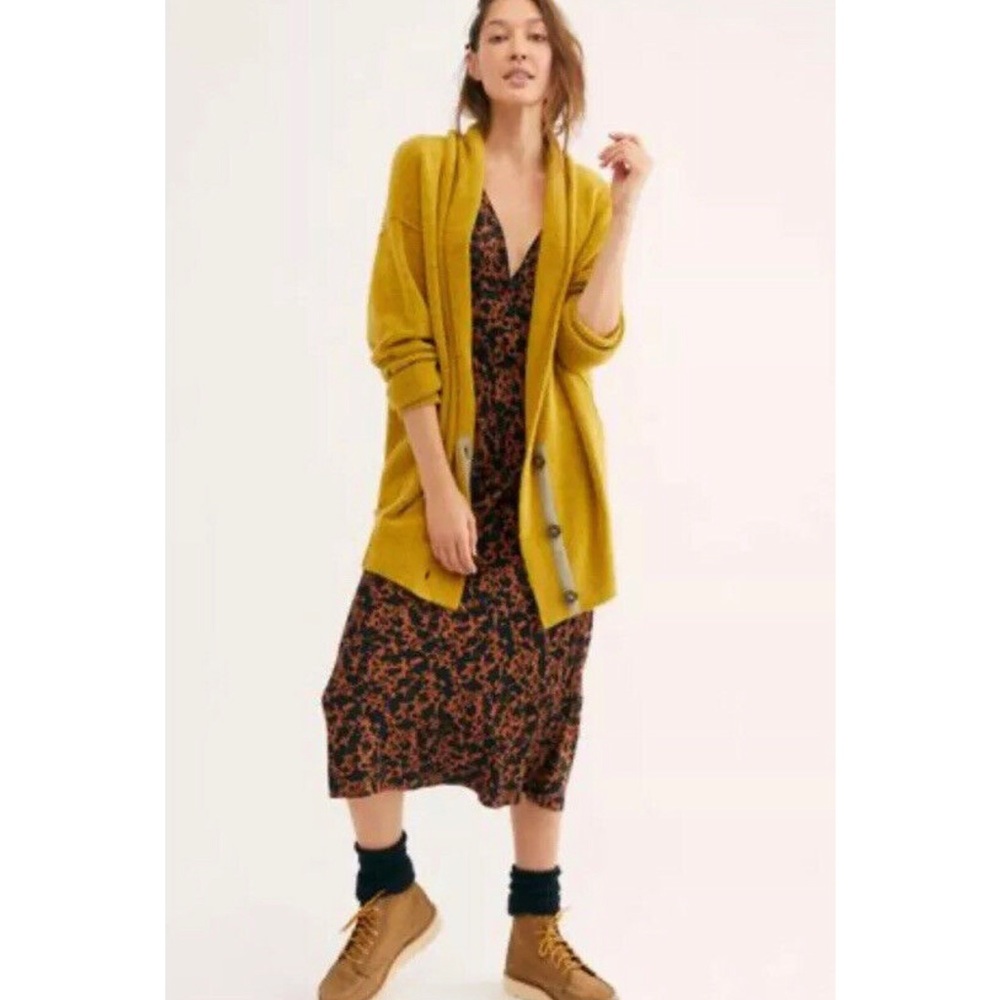 FREE PEOPLE Eucalyptus Cardigan Sweater Oversized Yellow Women’s Size Small Boho